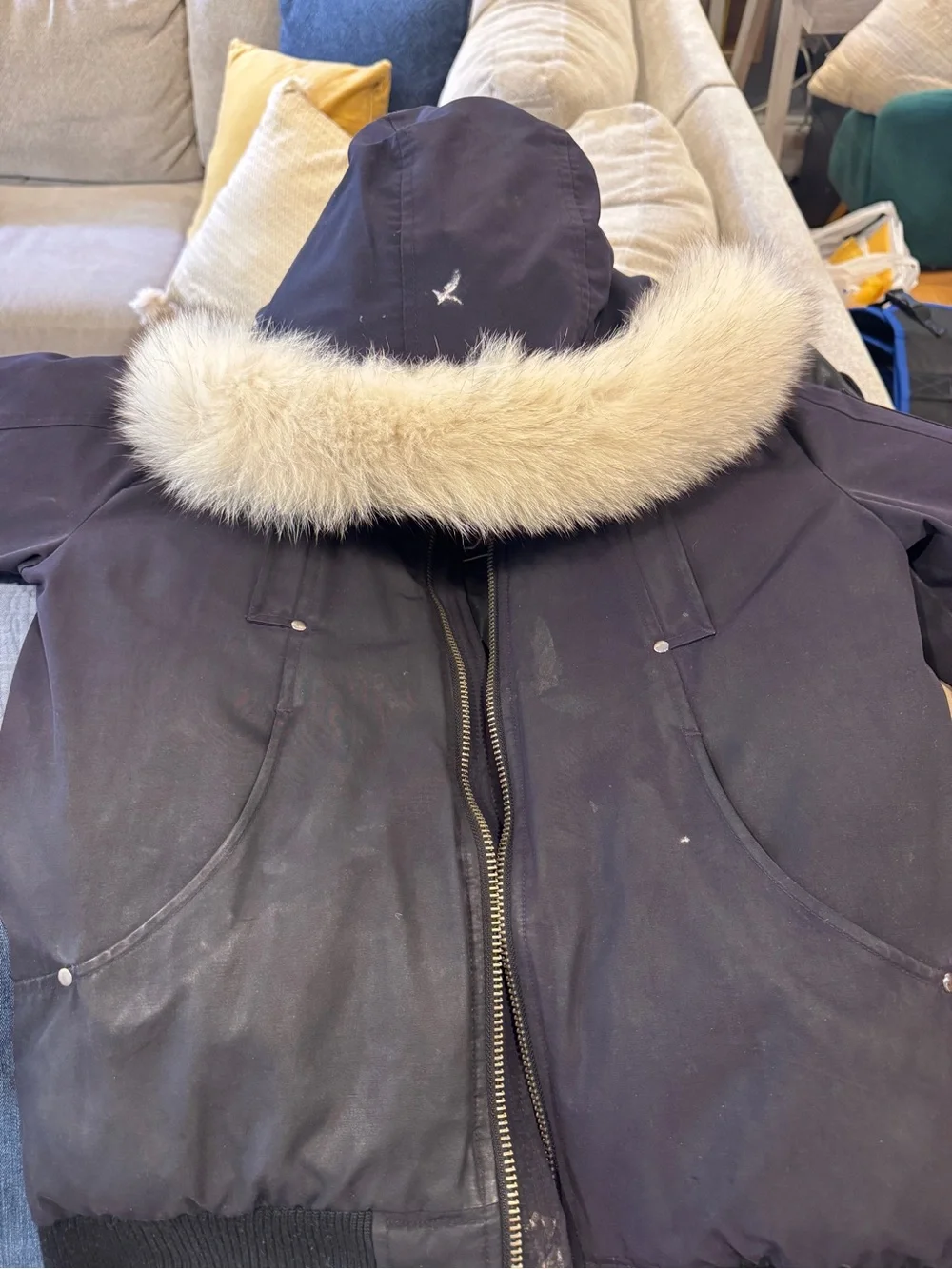 Moose Knuckles Navy Blue Kids Puffer with Fur-Trim Hood